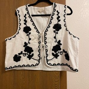 White vest with Black Floral Embroidery